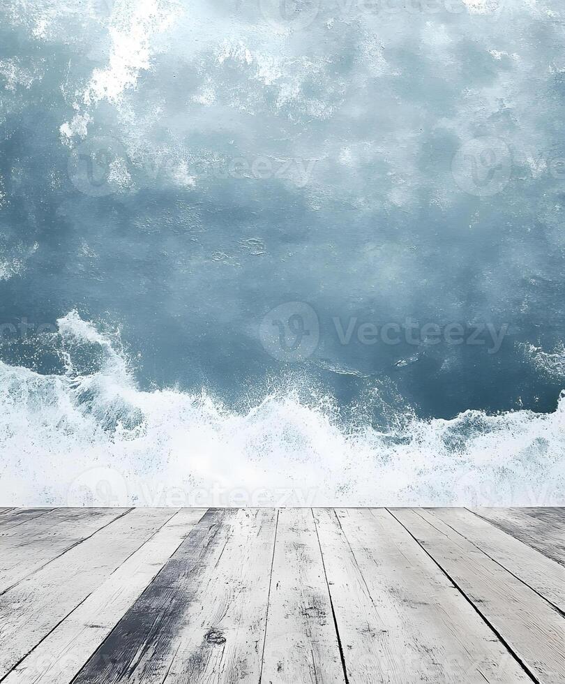 A wooden floor with a view of the ocean photo