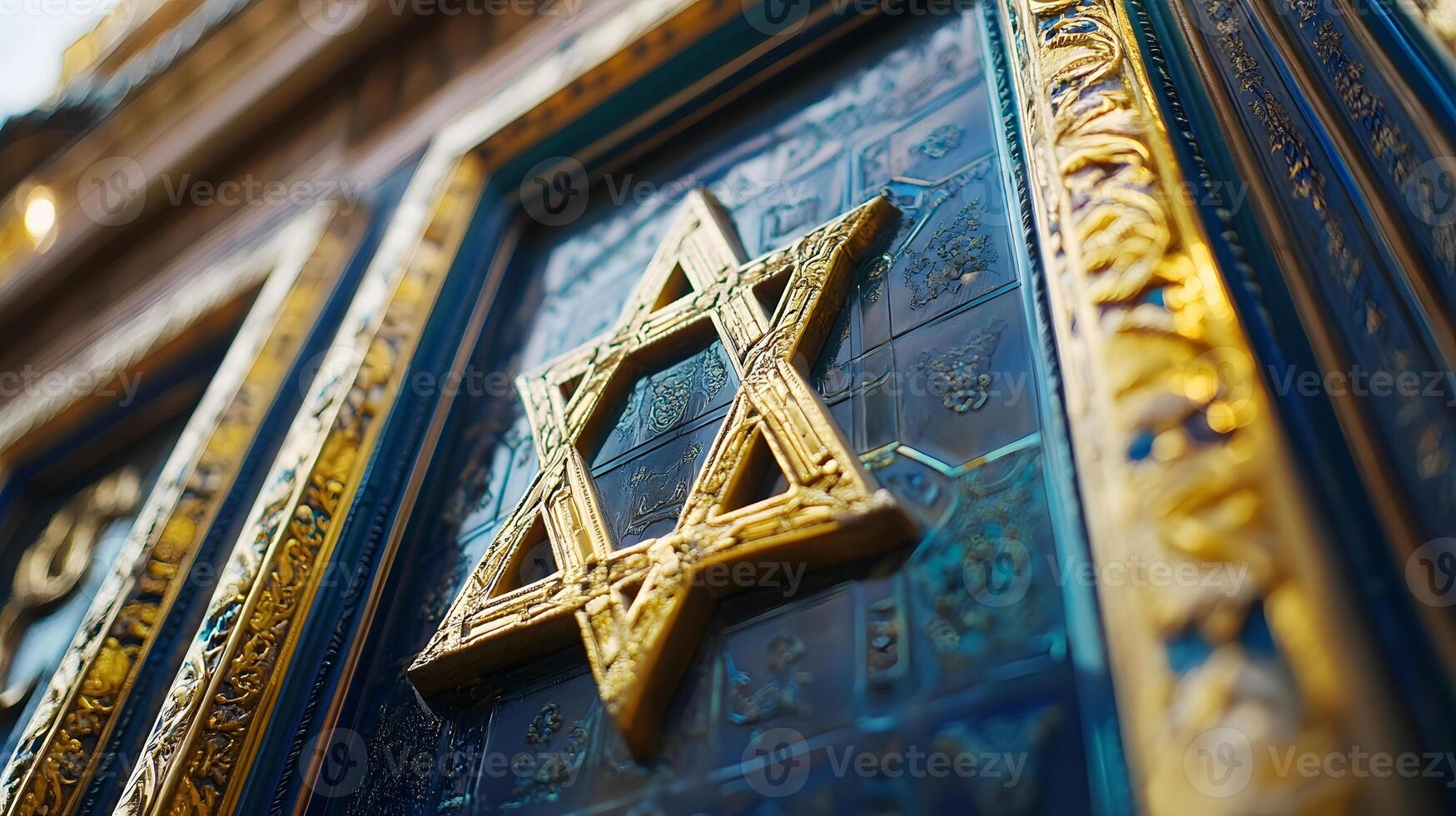 A close up of the star of david on a blue door photo