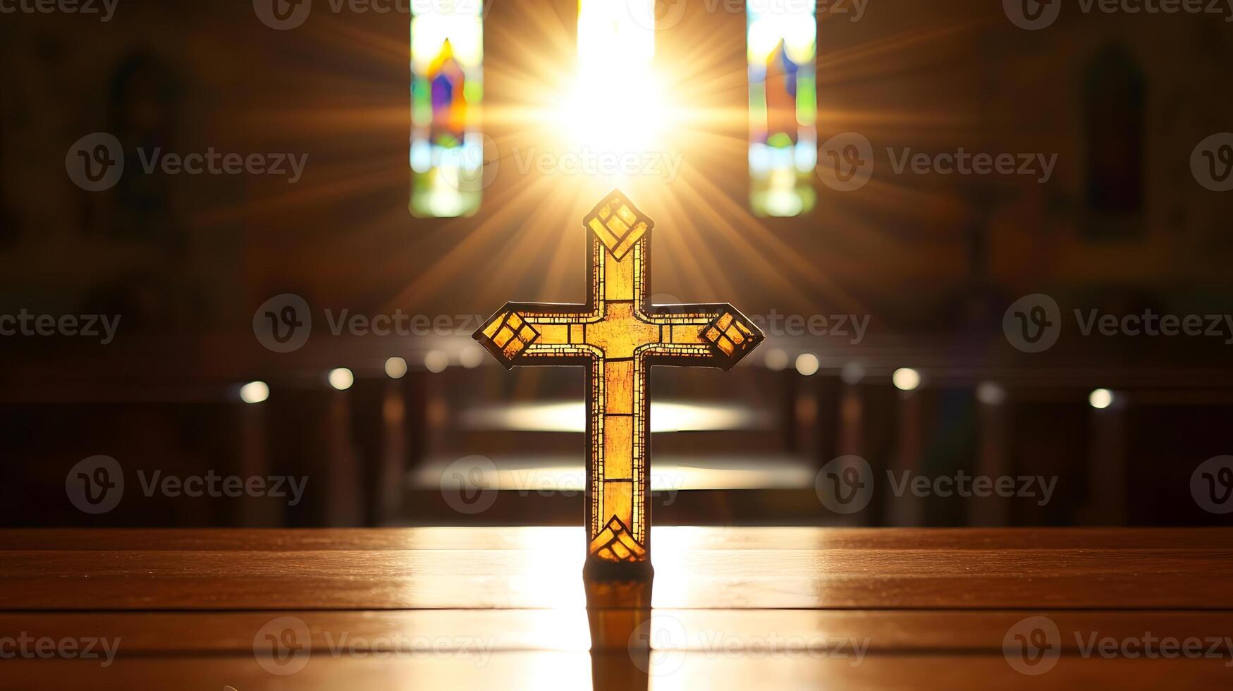 A cross sits in front of a church with the sun shining through photo