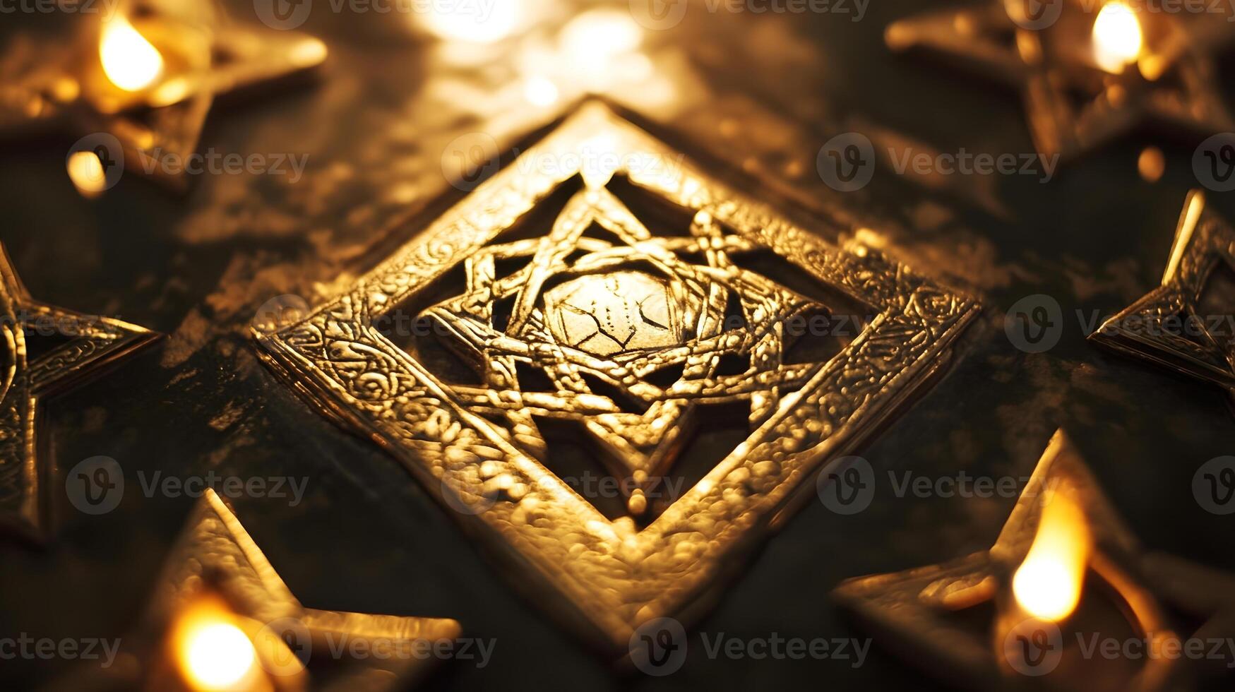 A gold star of david surrounded by candles photo