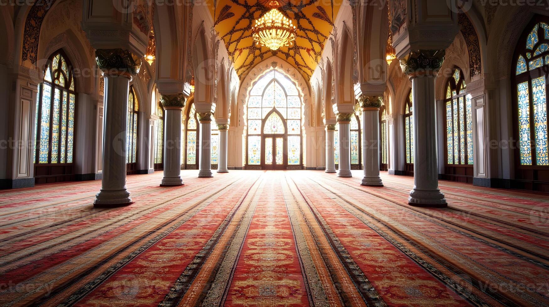 A long hallway with pillars and a large window photo