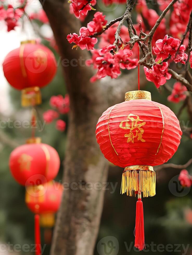 Red lanterns hanging from a tree with pink flowers photo
