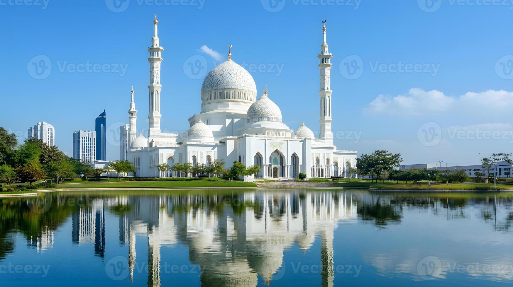 A large white mosque with a reflecting pool photo