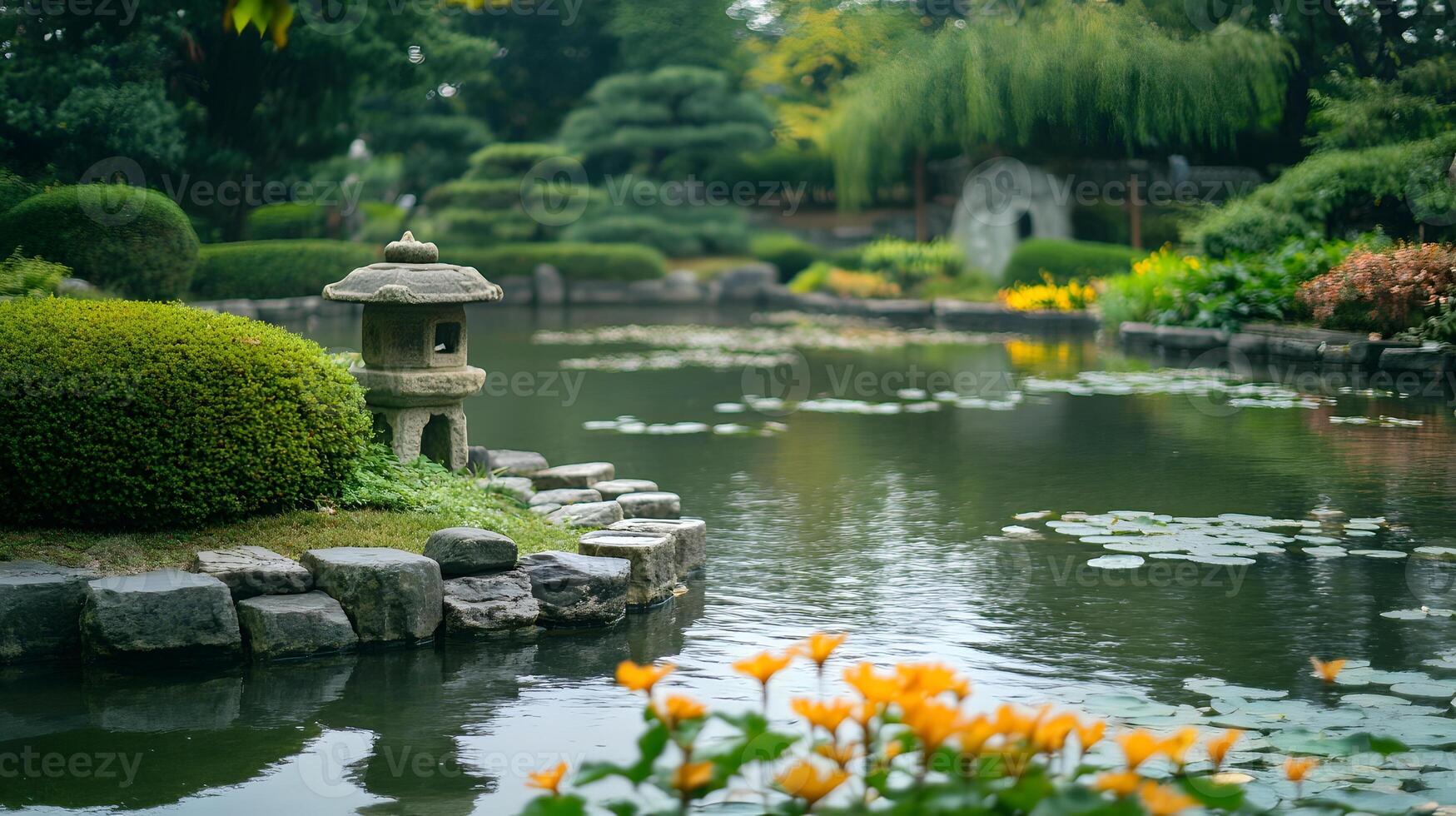 A pond with a stone lantern and lily pads photo