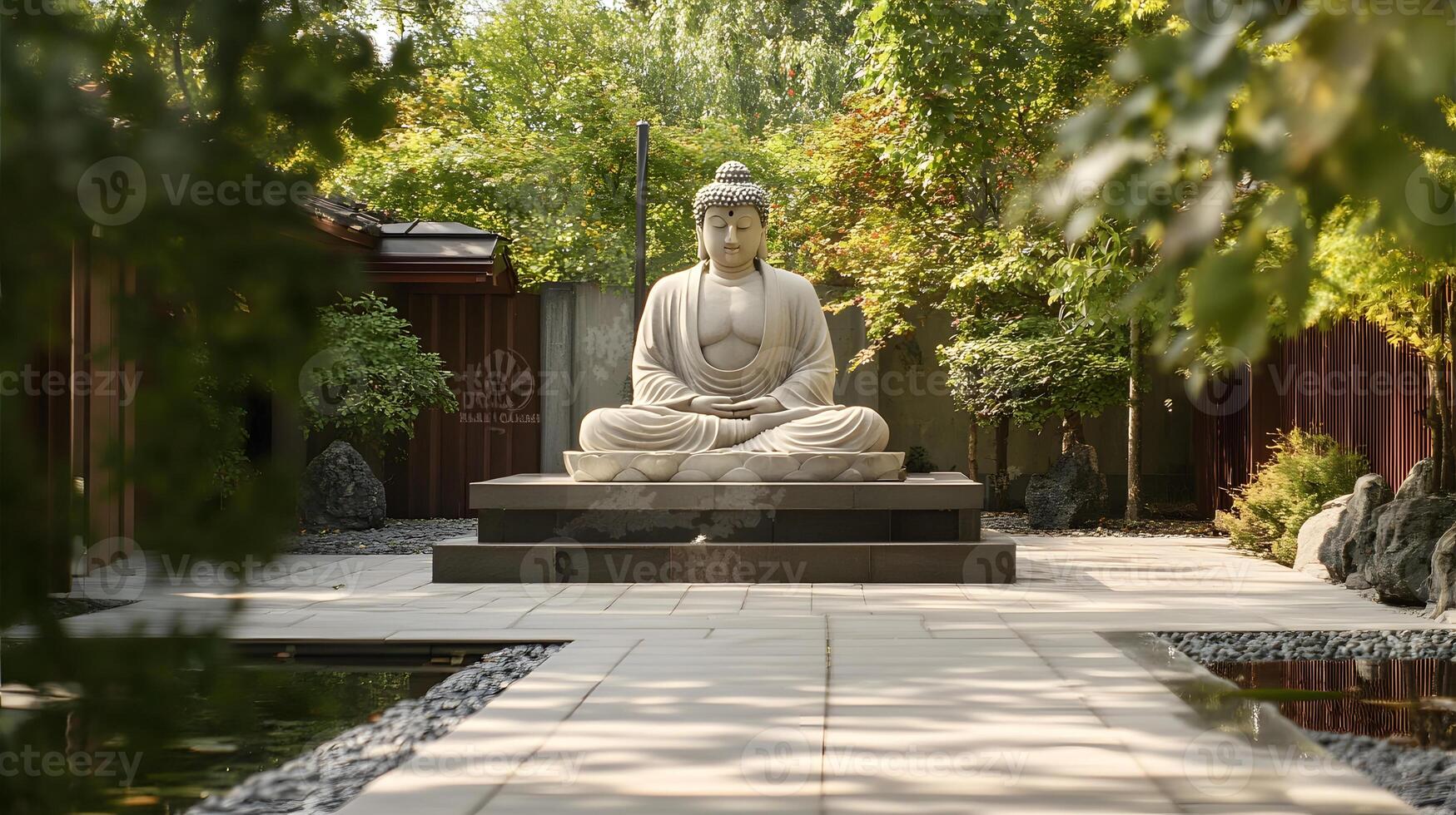 A buddha statue in a garden surrounded by trees photo