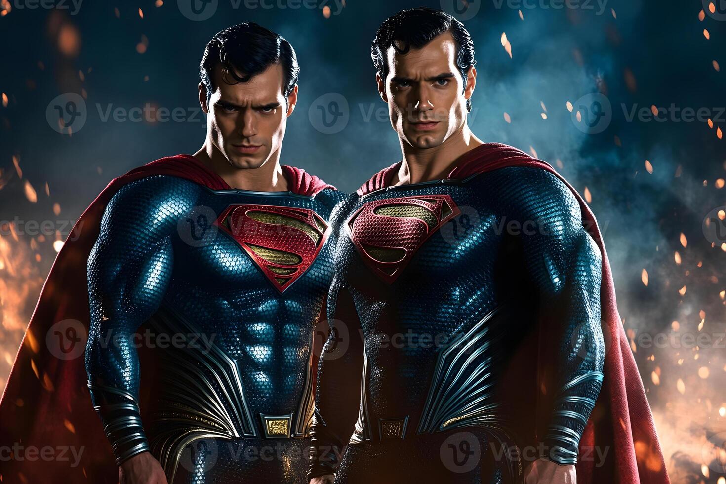 Two superman actors standing in front of a fire photo