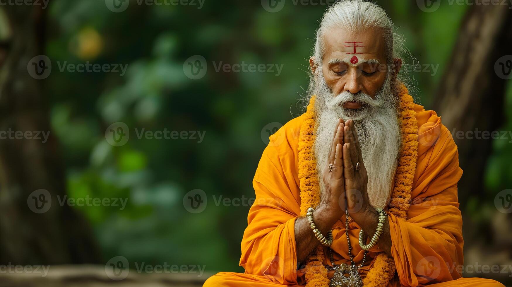 An old man with a long white beard sitting in meditation photo