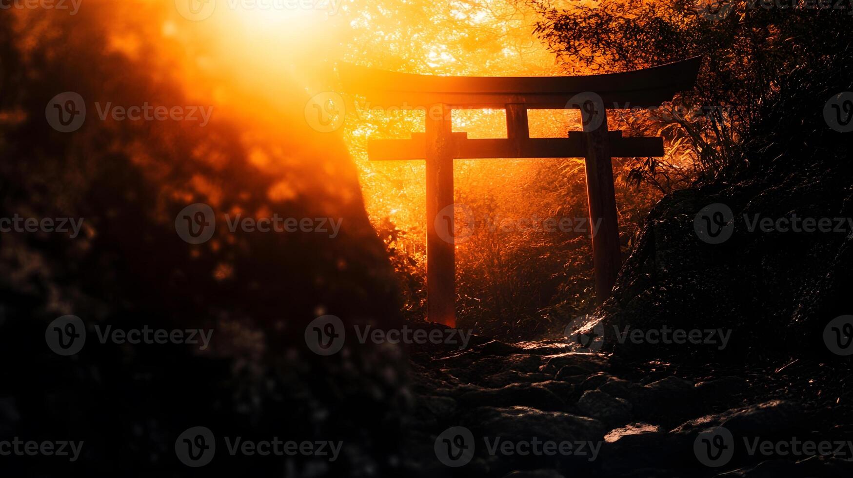 A tori gate in the dark with the sun shining through photo