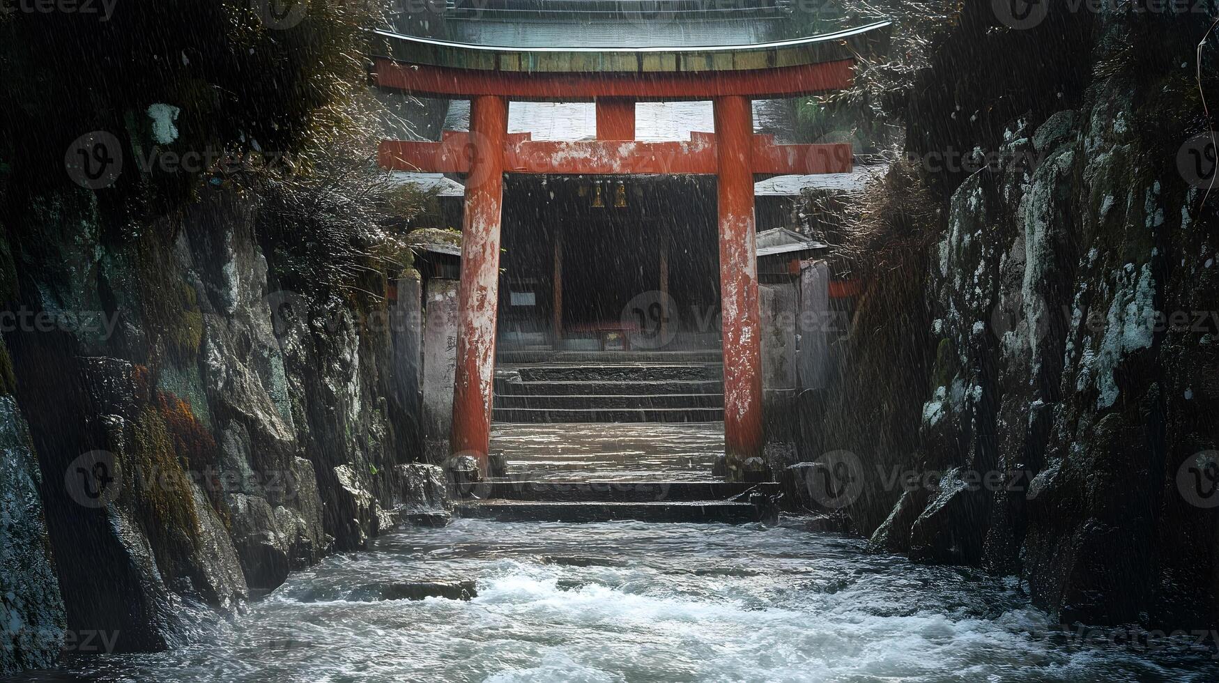 A red tori gate in the middle of a river photo