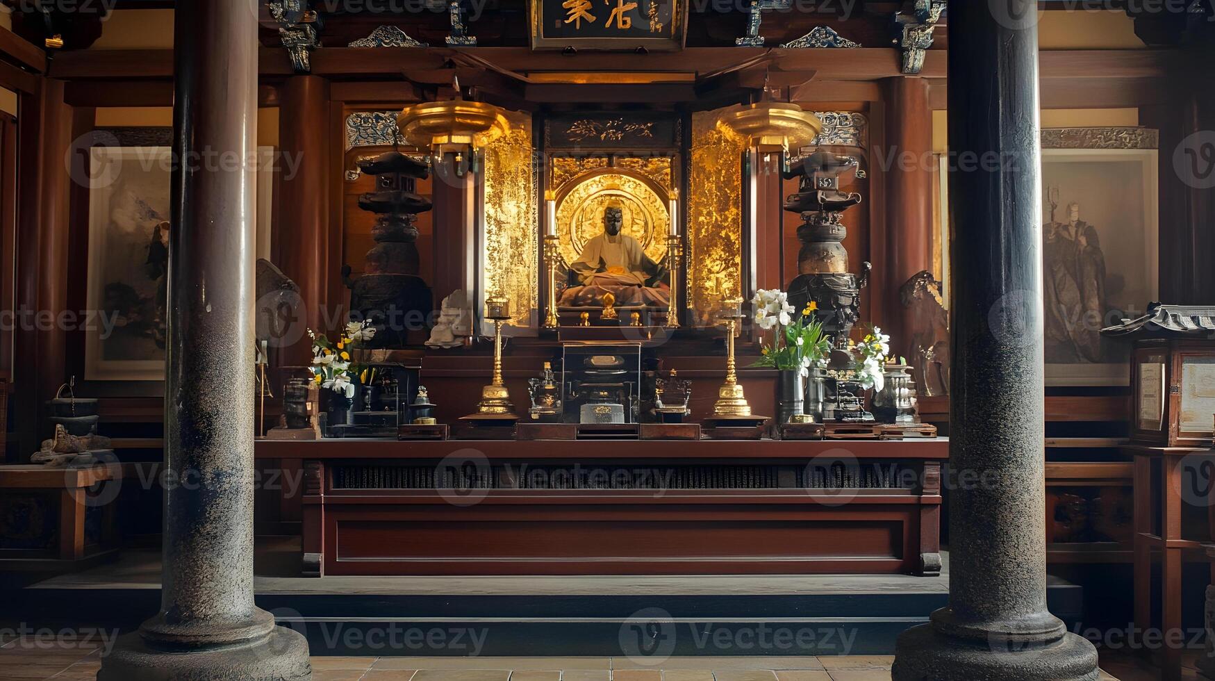 A shrine with a golden statue in the middle of a room photo