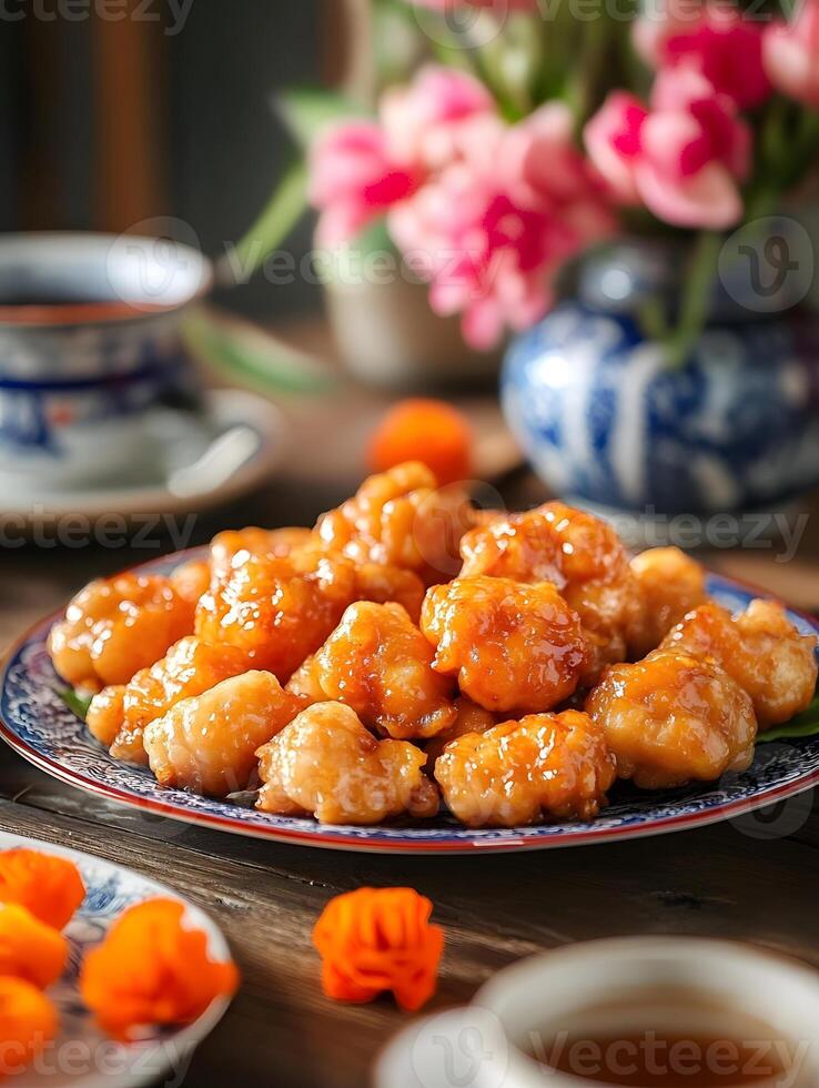 A plate of fried chicken on a table with flowers photo