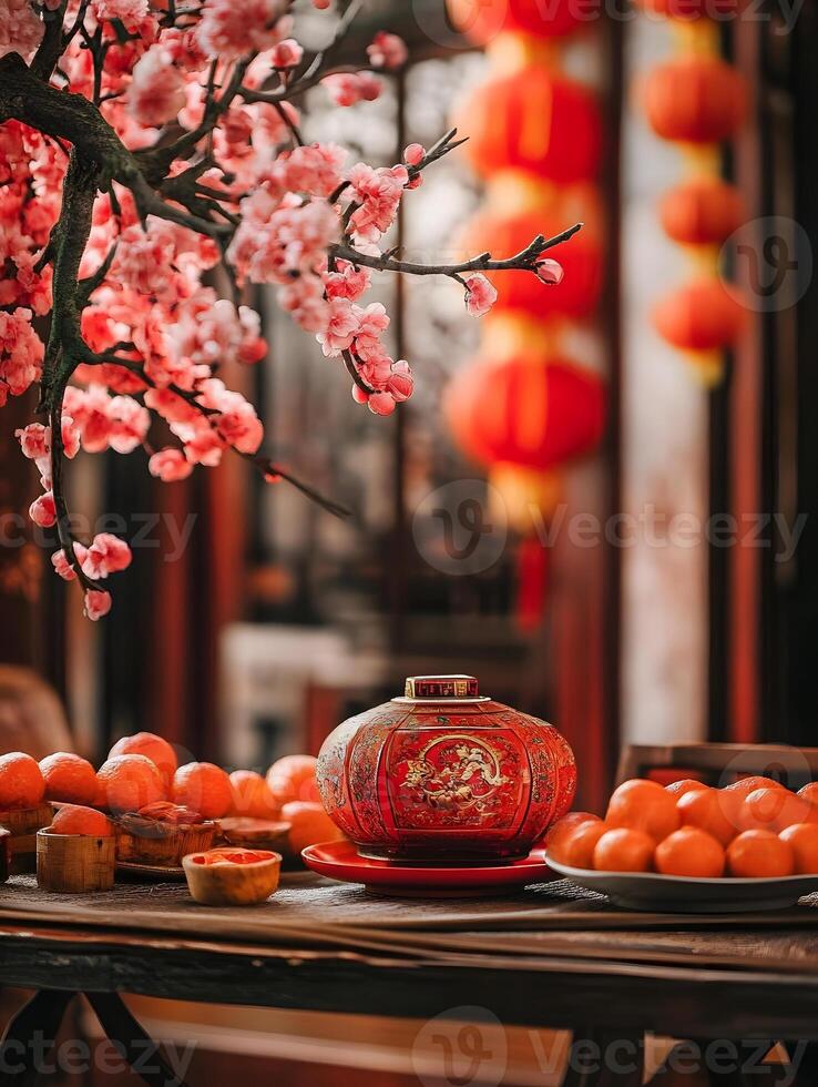 A table with oranges and a red lantern photo