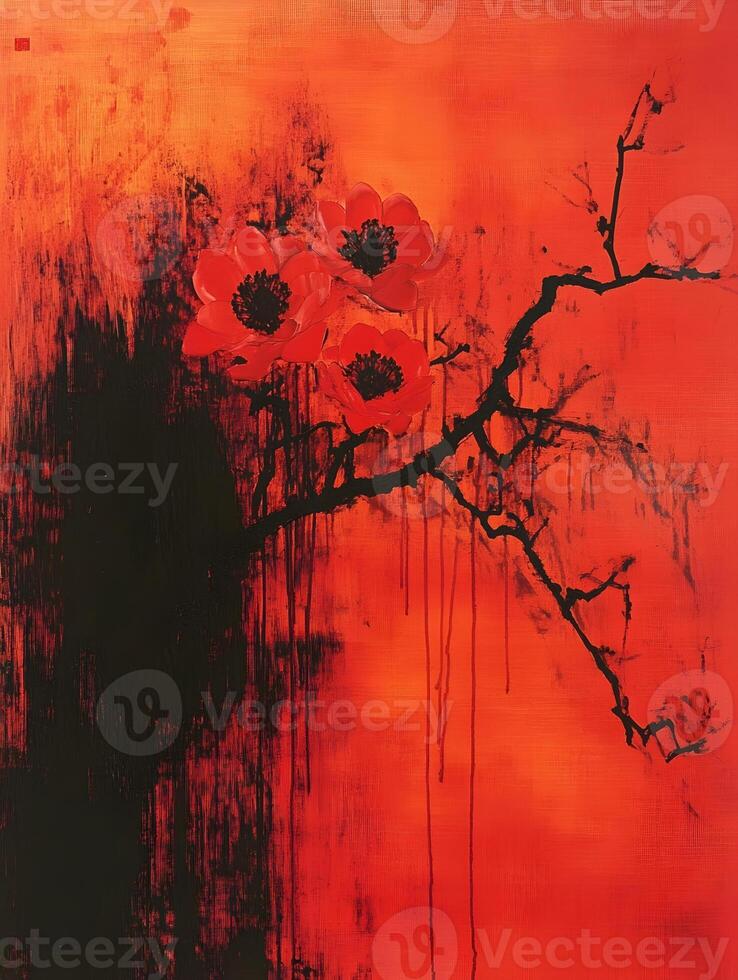 A painting of red flowers on a tree branch photo