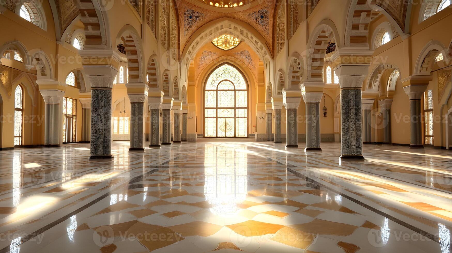 A large room with a large archway and columns photo