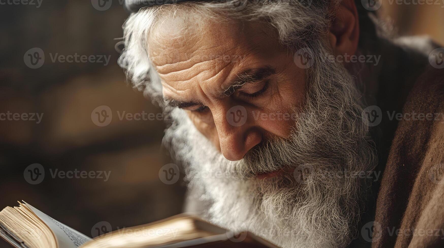 An old man with a long beard reading a book photo