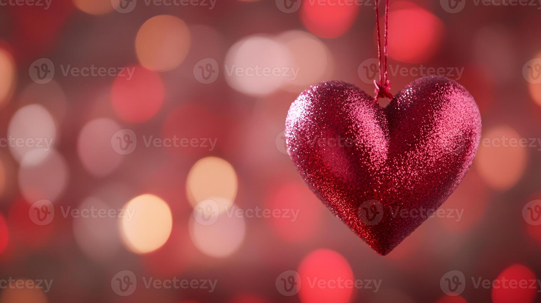 A red heart hanging from a string on a red background photo