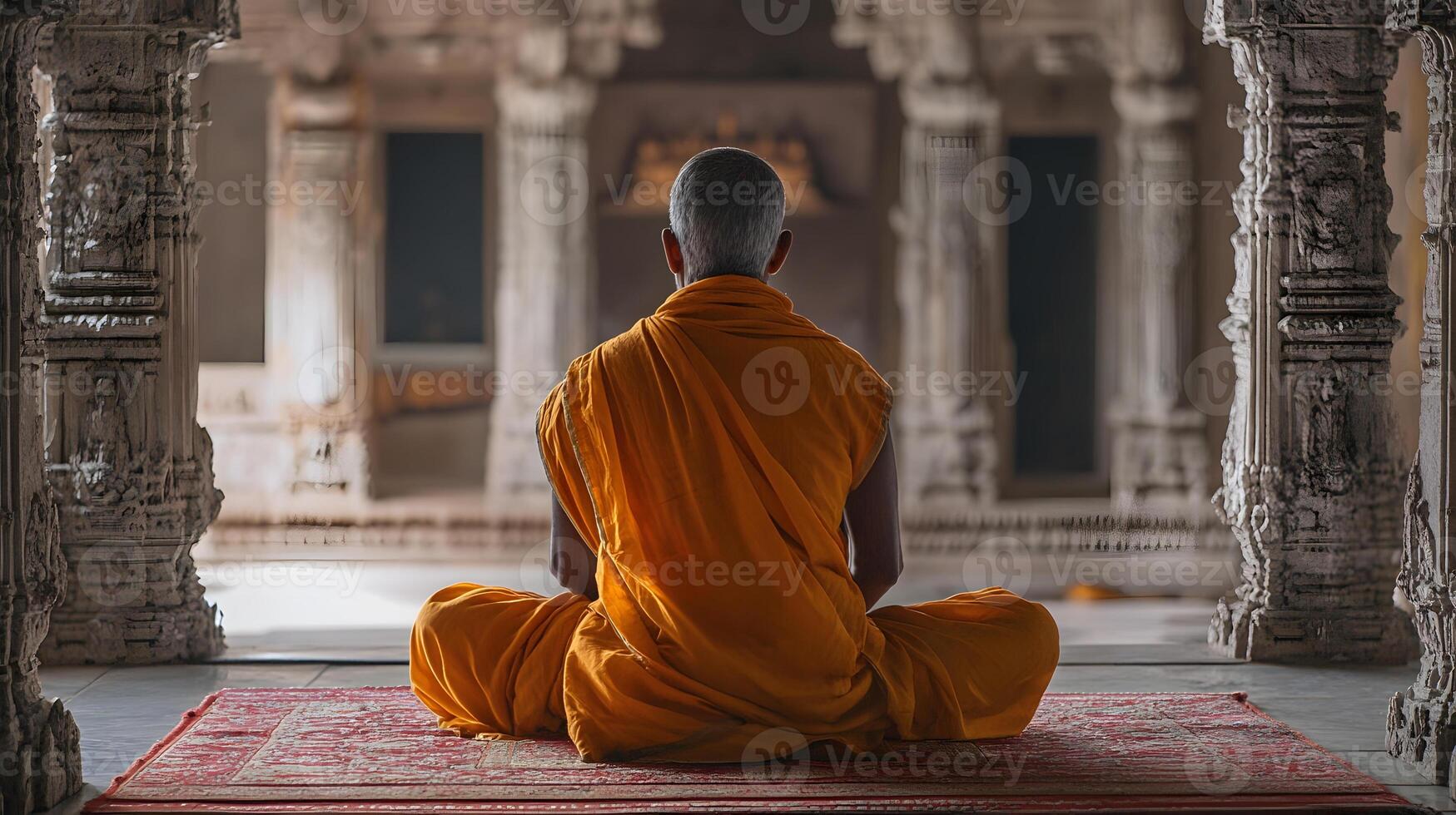 A monk sitting in meditation in an ancient temple photo