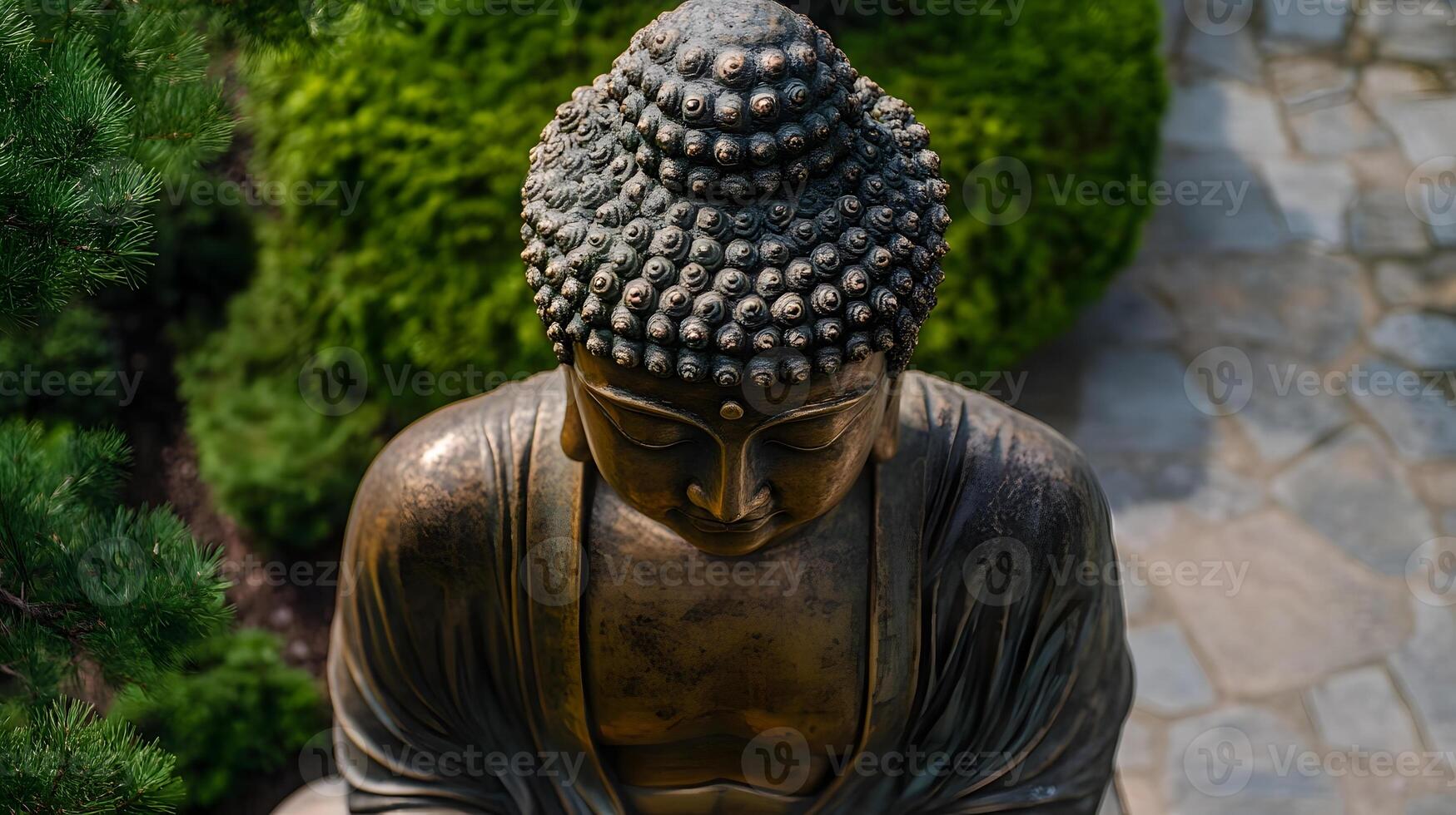 A statue of a buddha sitting on a stone path photo