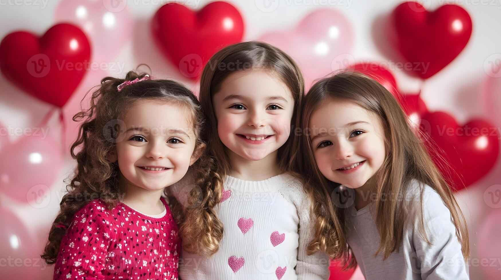 Three little girls posing for a photo in front of red hearts