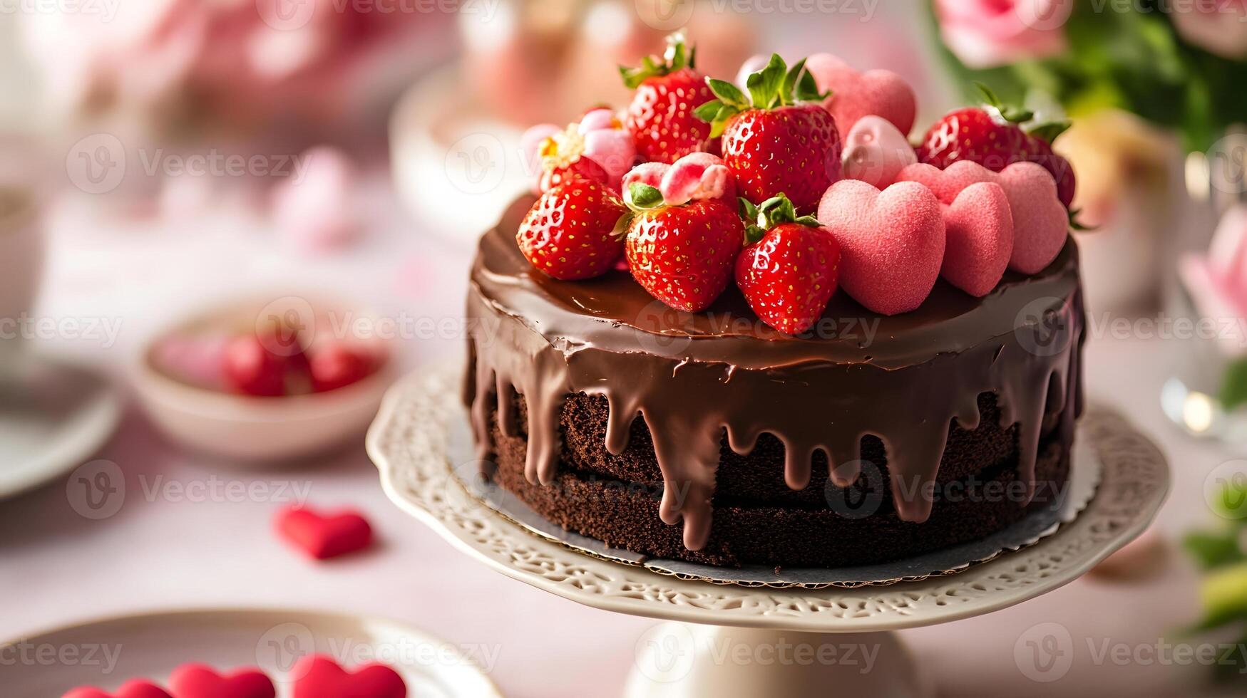 A chocolate cake with strawberries and chocolate drizzle photo