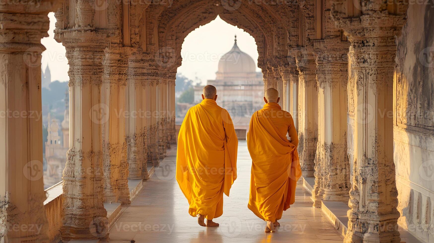 Two monks walking down a hallway in a temple photo