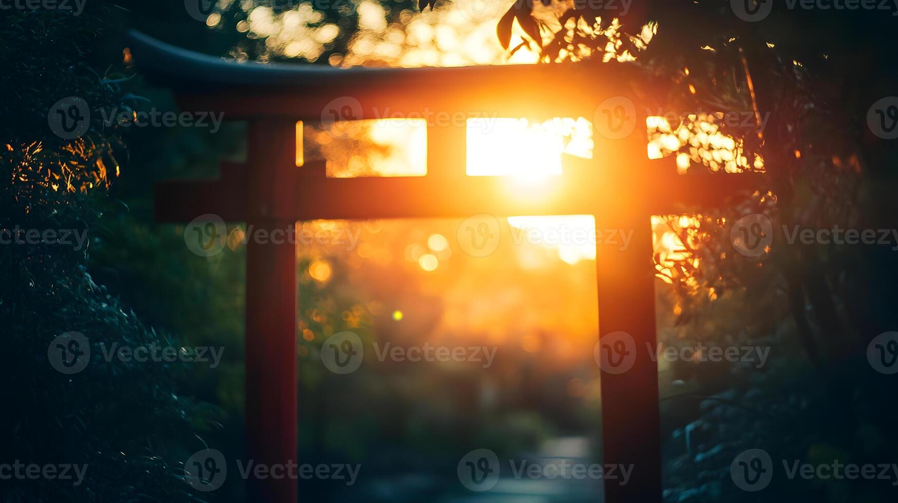 A tori gate in the middle of a forest photo