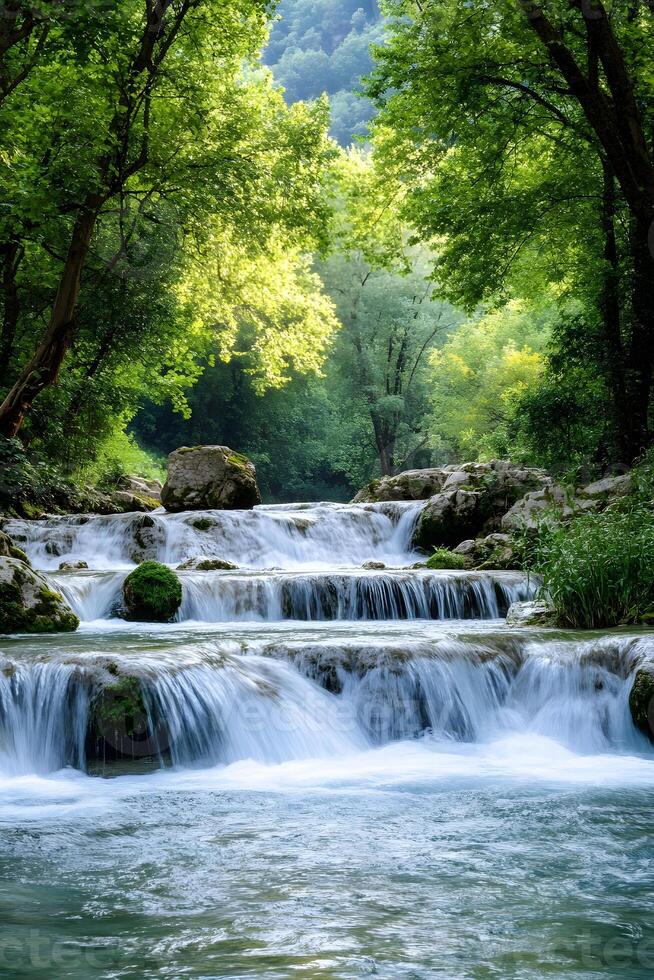 A river flowing through a forest with trees photo