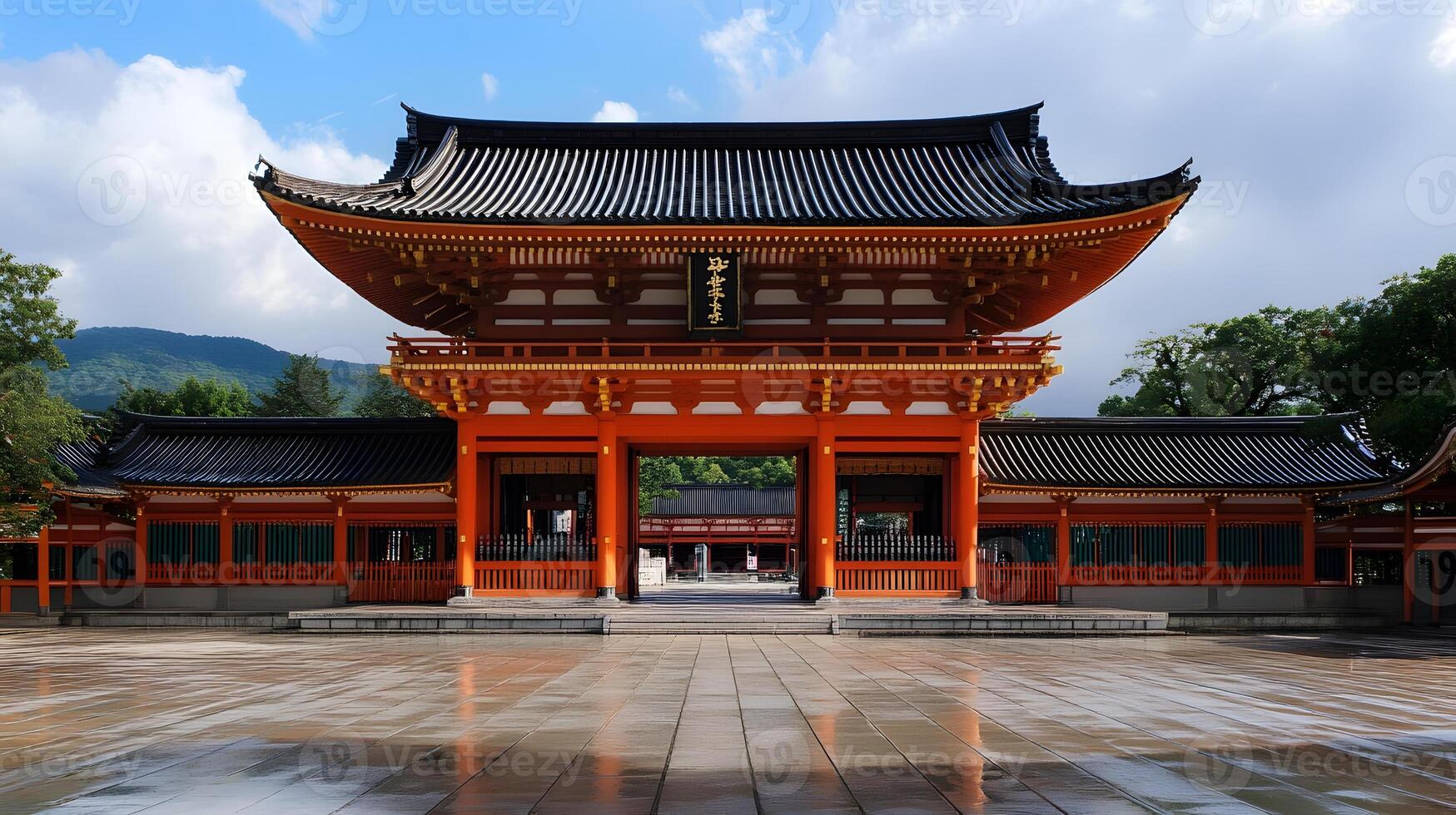 A large building with a large red roof photo
