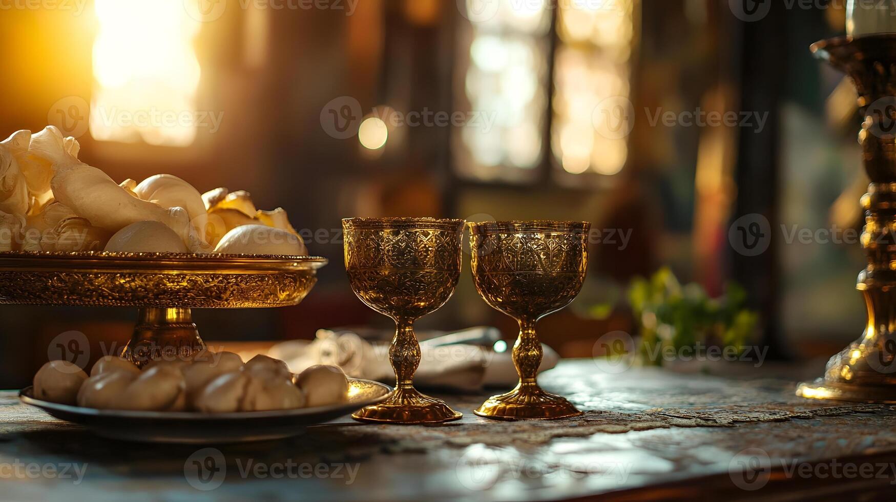 A table with two wine glasses and a plate of food photo