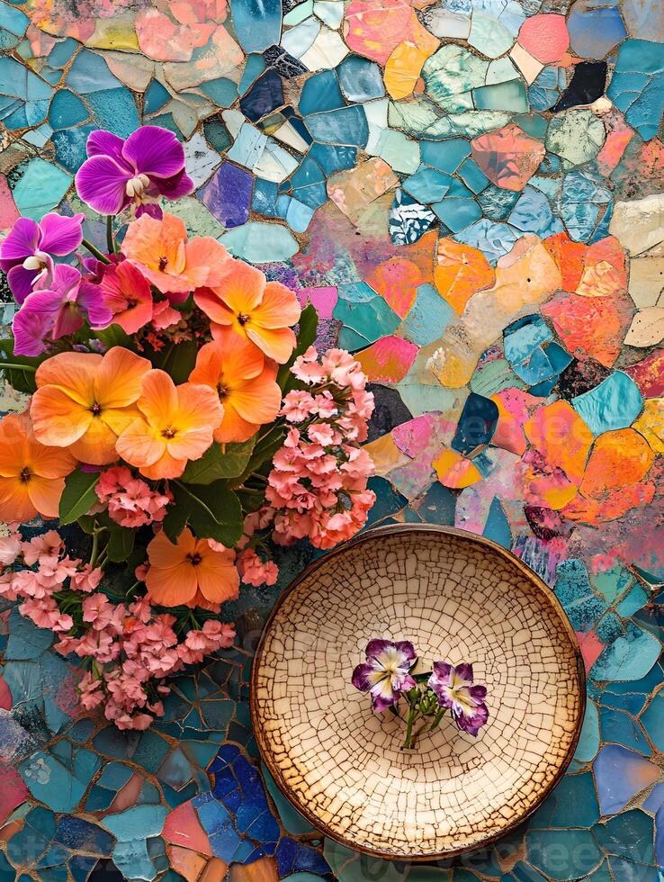 A vase of flowers on a table with a mosaic pattern photo