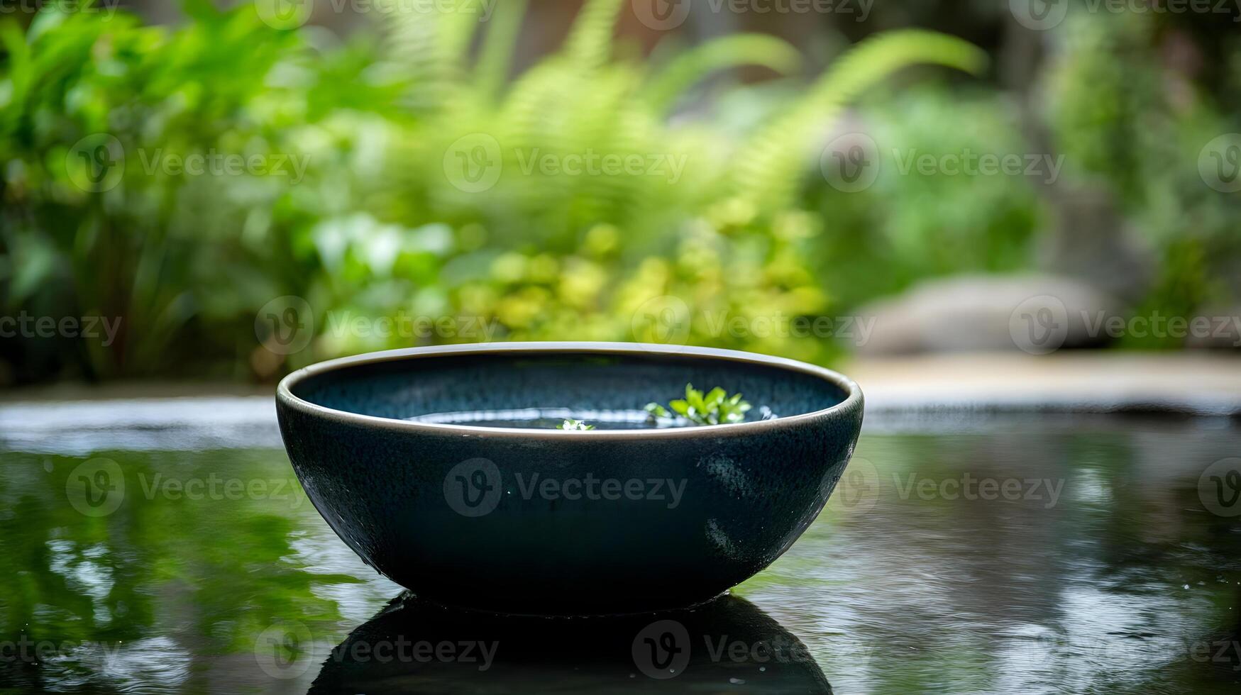 A bowl of water sitting on a table in front of a garden photo