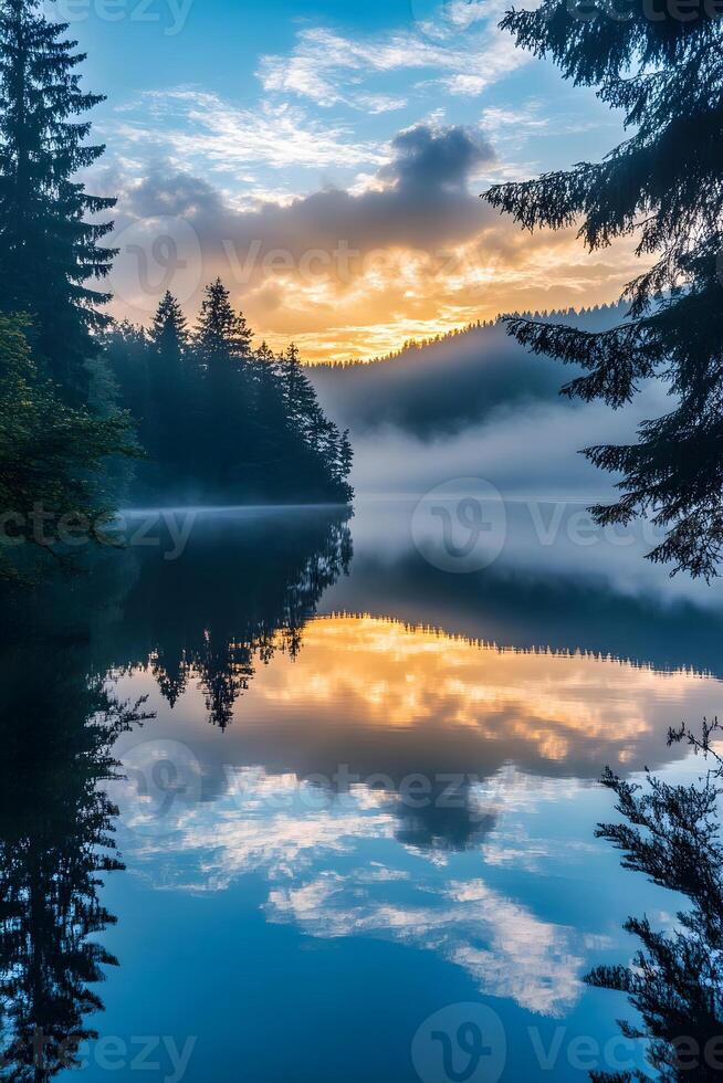 A lake with trees and a foggy sky at sunrise photo