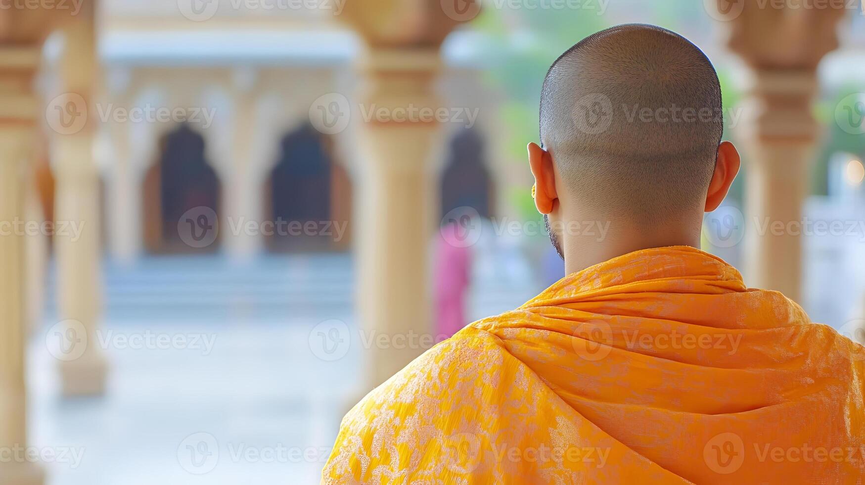 A monk in orange robes looking out a window photo