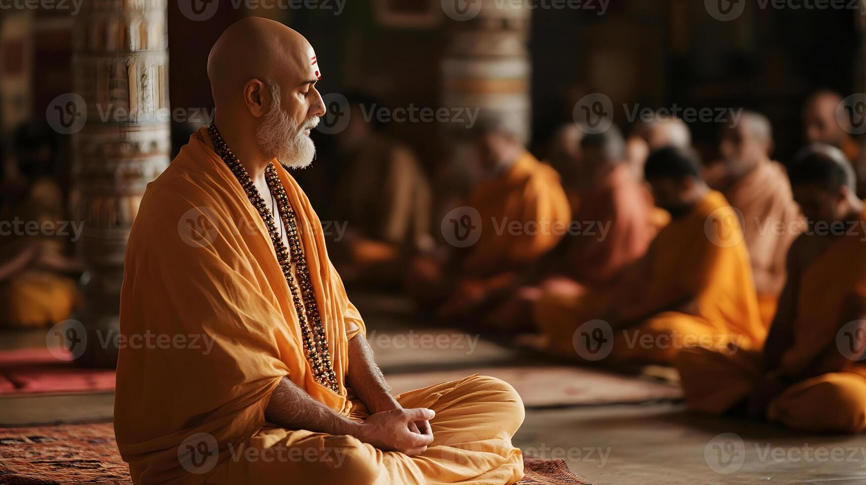 A monk sitting in meditation with other monks photo