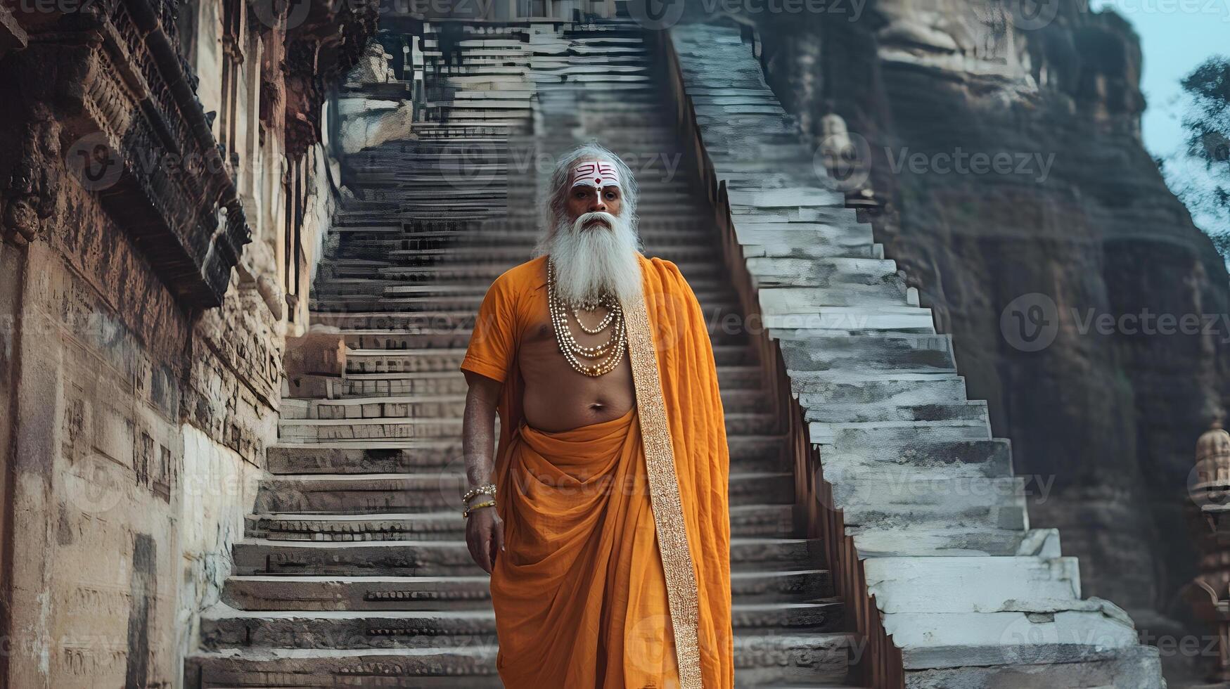 An old man with a long beard and white beard standing on steps photo