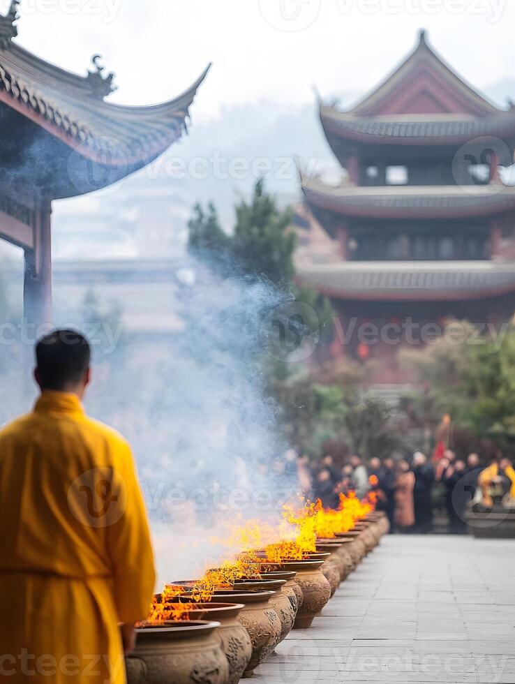 A monk is standing in front of a large fire photo