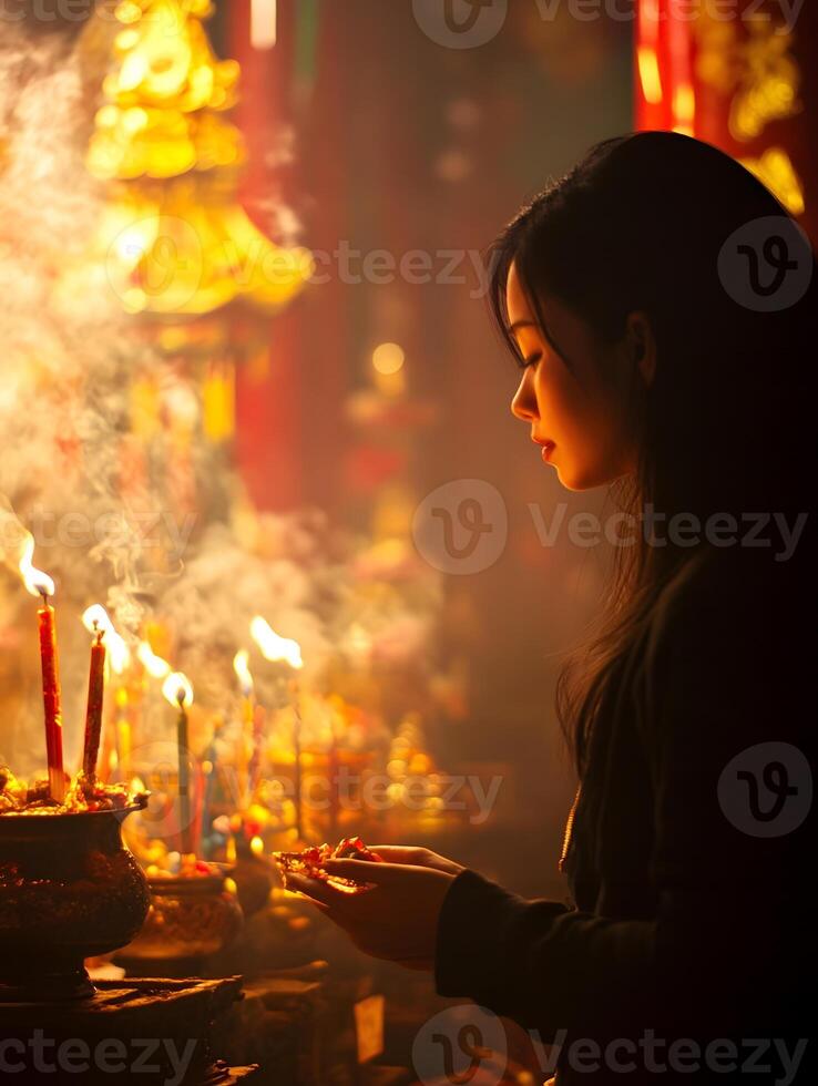 A woman praying in a temple photo