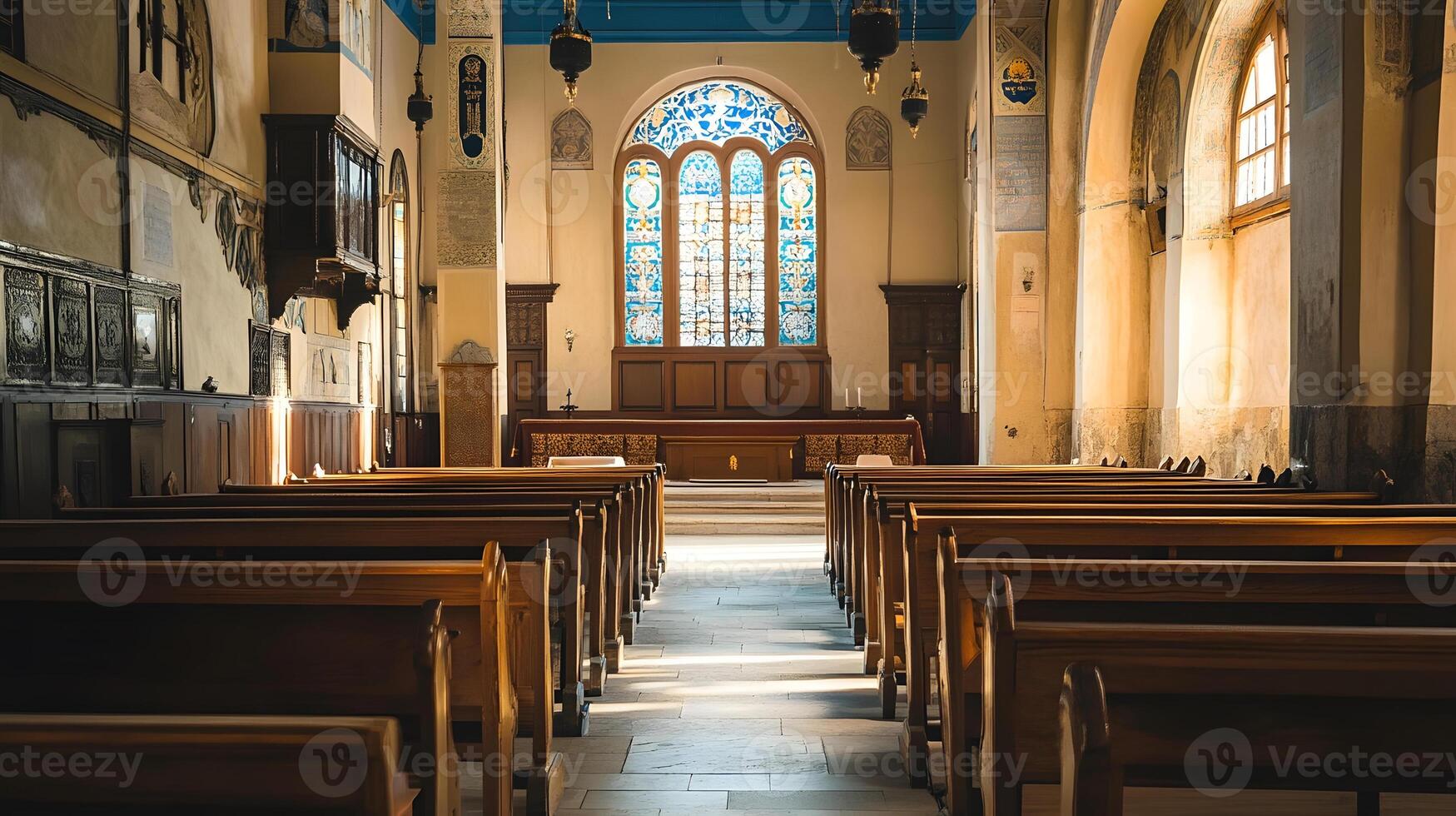 Church pews empty in a church with a large window photo