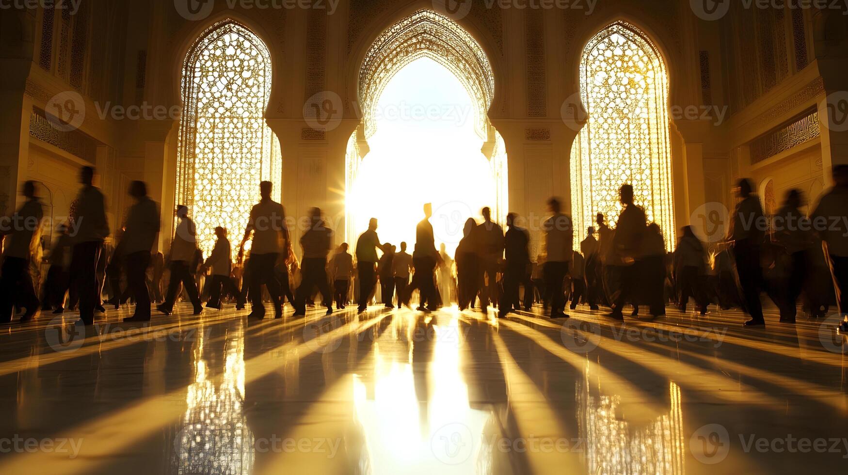 People walking in a large building with the sun shining through the arches photo