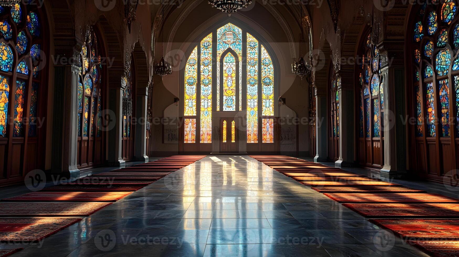 A long hallway with a large window and a lot of rugs photo