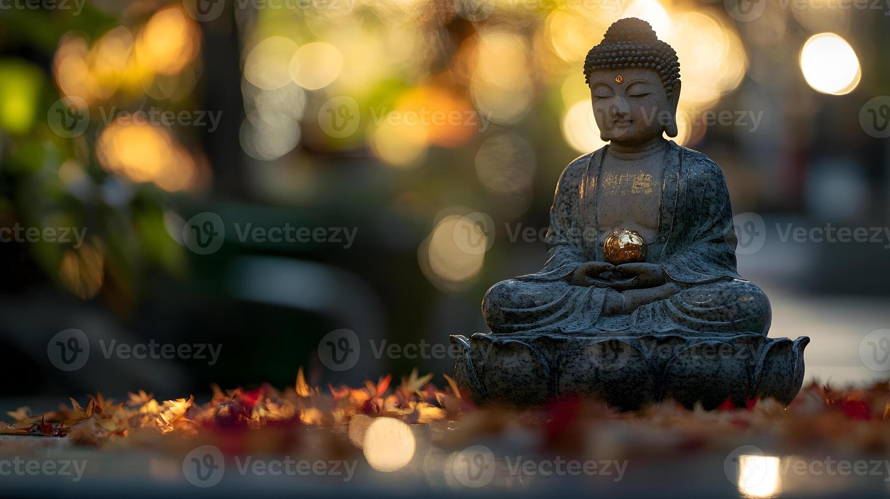A buddha statue is sitting on a stone table photo