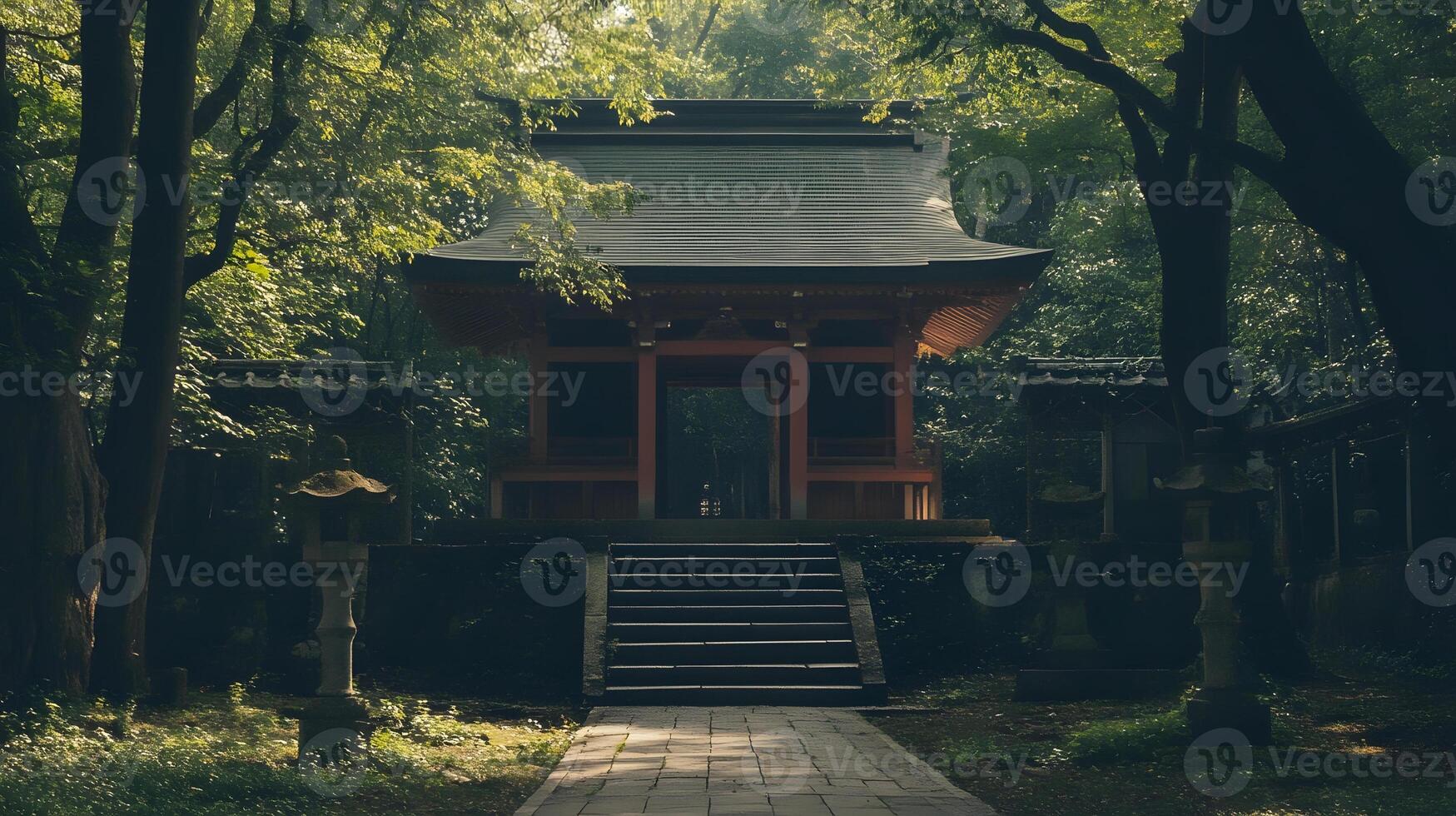 A path leading to a small temple in the woods photo