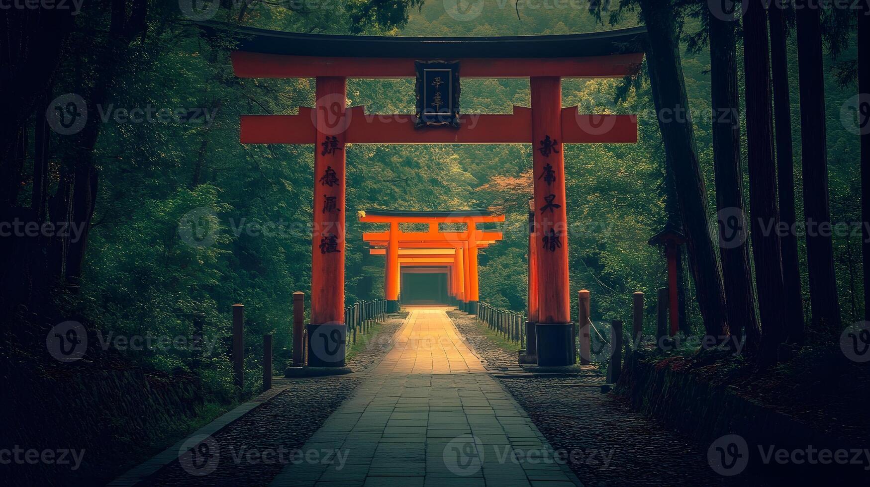 A path leading to an orange tori gate in the forest photo