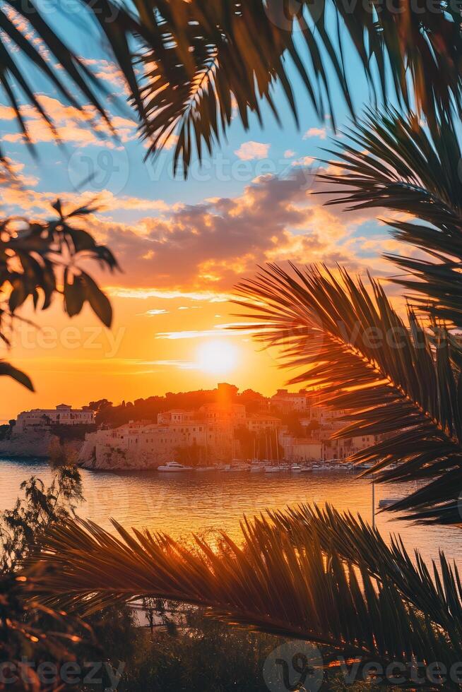 Sunset over the sea with palm trees and a city in the background photo