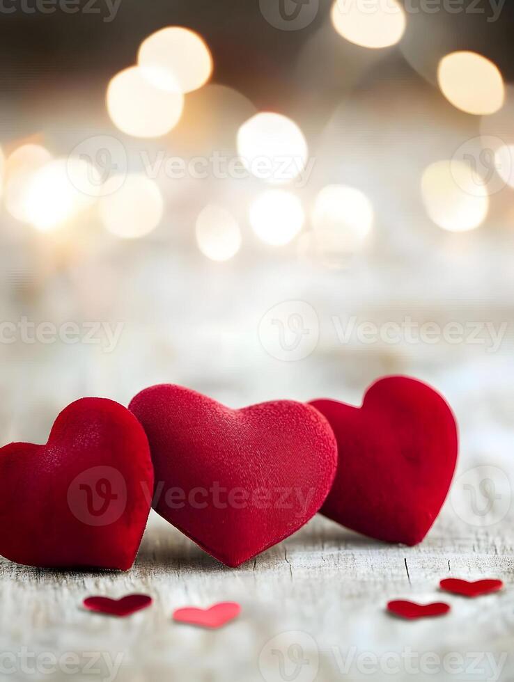 Three red hearts on a wooden table with a blurry background photo