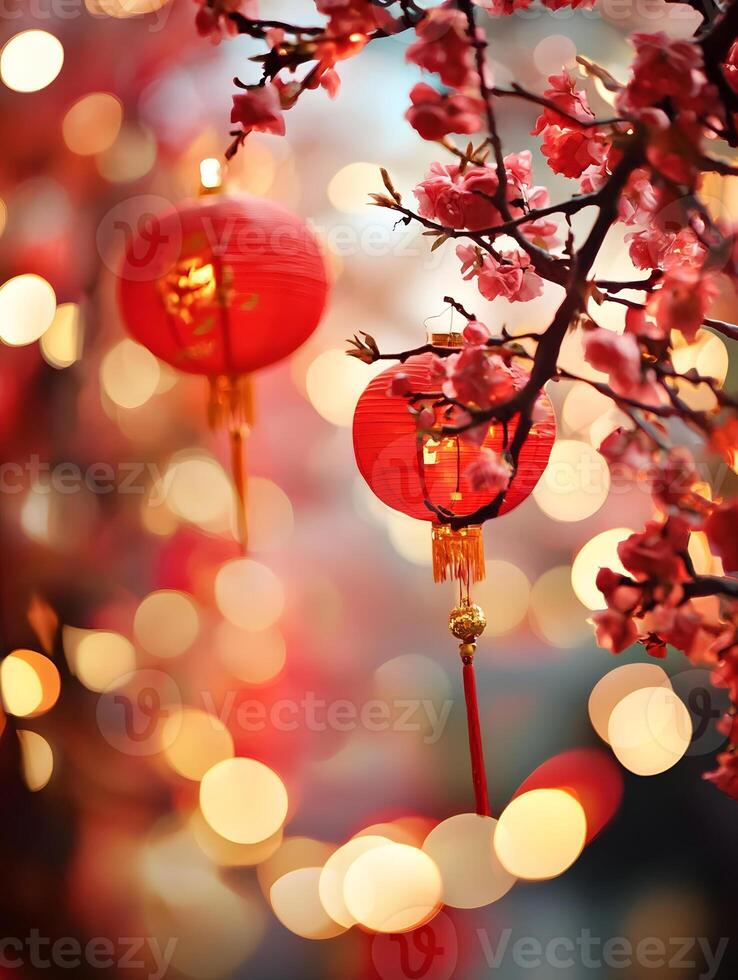 Chinese lanterns and cherry blossoms photo