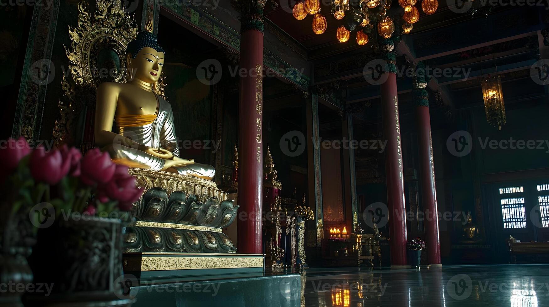 A buddha statue in a large room with chandelier photo