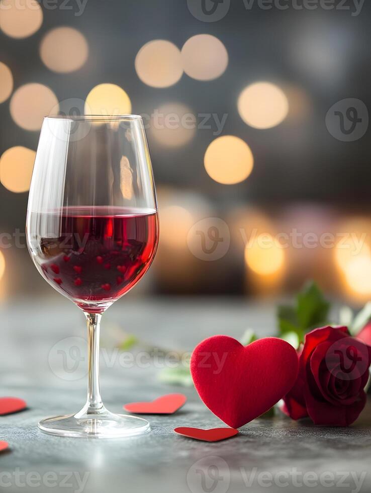 A glass of red wine and a rose on a table with a blurry background photo
