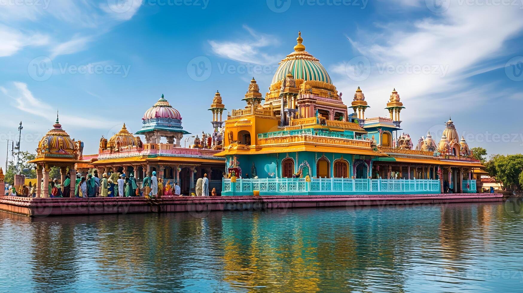 A colorful temple sits on the water in front of a blue sky photo