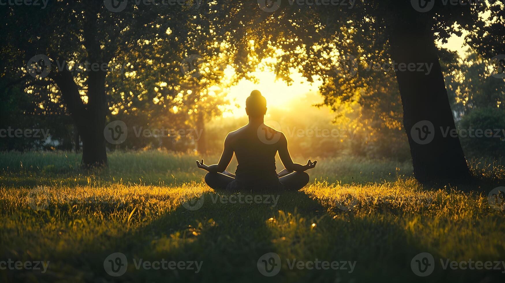 A person meditating in the sun with trees in the background photo